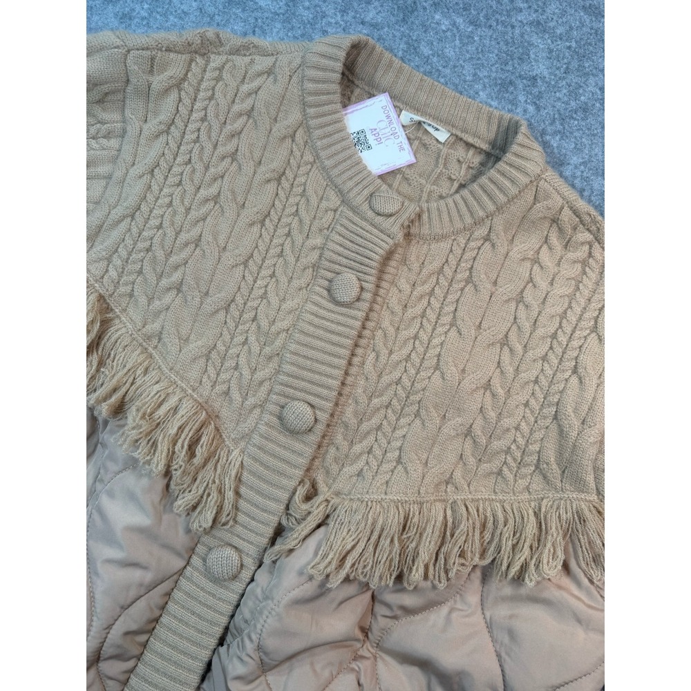 SundayUp Women Tan Mixed Media Cable Knit Fringe Quilted Puffer Jacket Medium